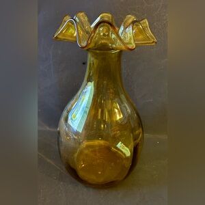 Vintage amber glass vase ruffled rim art glass